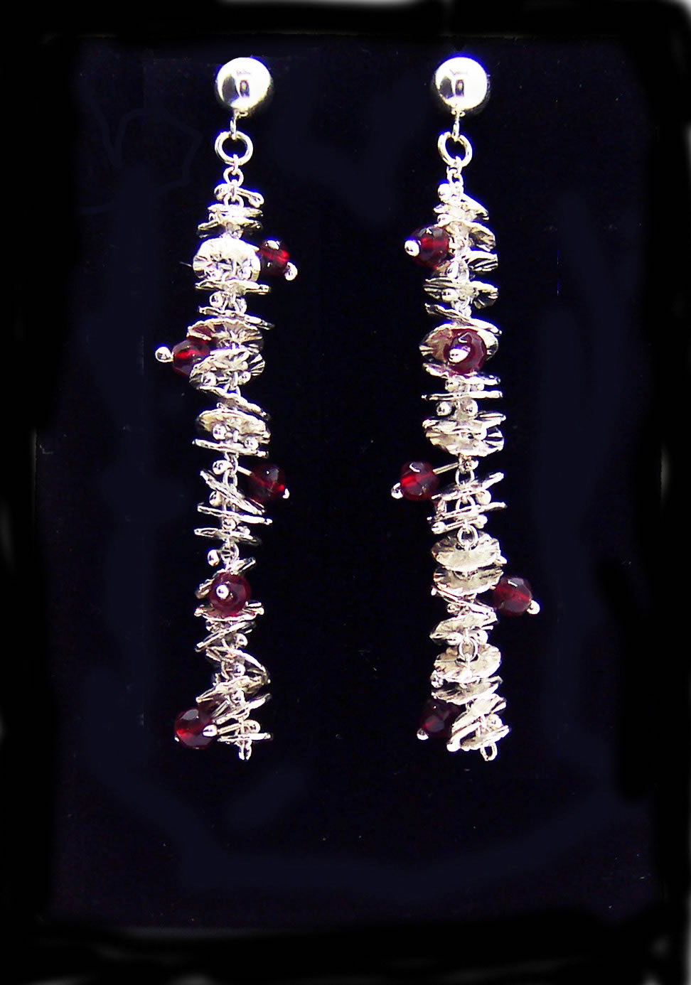 Silver Catkin Stud Earrings with Red Beads